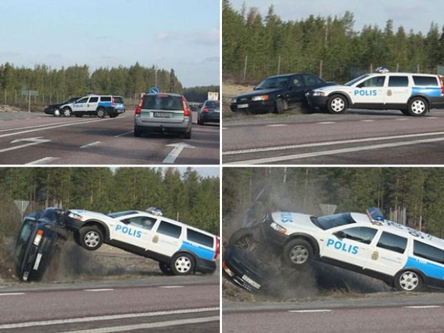 Flagra mostra policial sueco jogando veículo contra motorista que fugia
