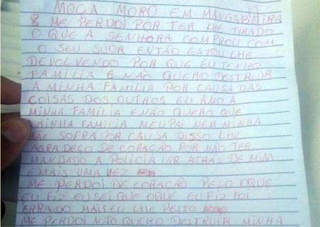 Ladrão devolve o que roubou e deixa bilhete