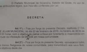 Prefeito decreta Jejum Municipal  por livramento e misericórdia