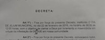 Prefeito decreta Jejum Municipal  por livramento e misericórdia