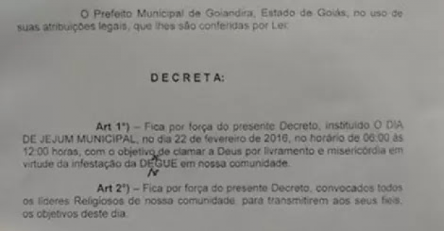 Prefeito decreta Jejum Municipal  por livramento e misericórdia