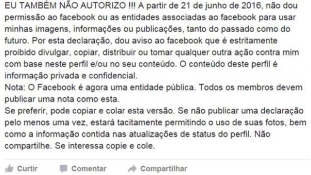 Texto que veta uso pelo Facebook de conteúdo publicado na rede social ‘não serve para nada’