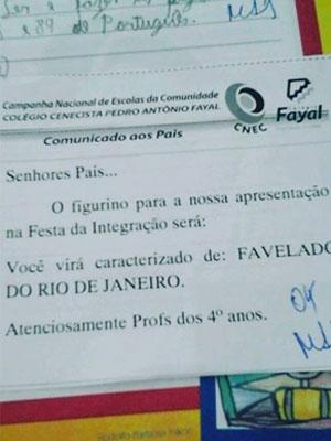 Escola pede que alunos se fantasiem de ‘favelado do Rio de Janeiro’