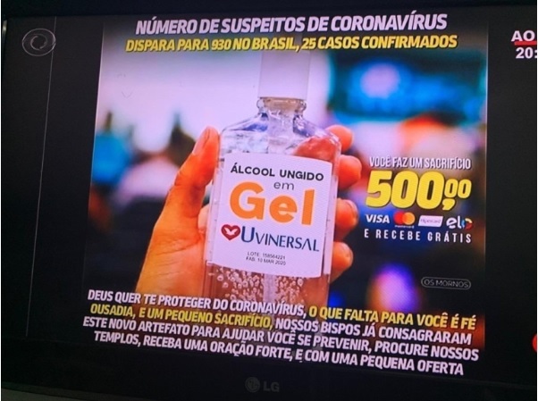 Universal não está vendendo álcool gel ungido por R$ 500 é Fake
