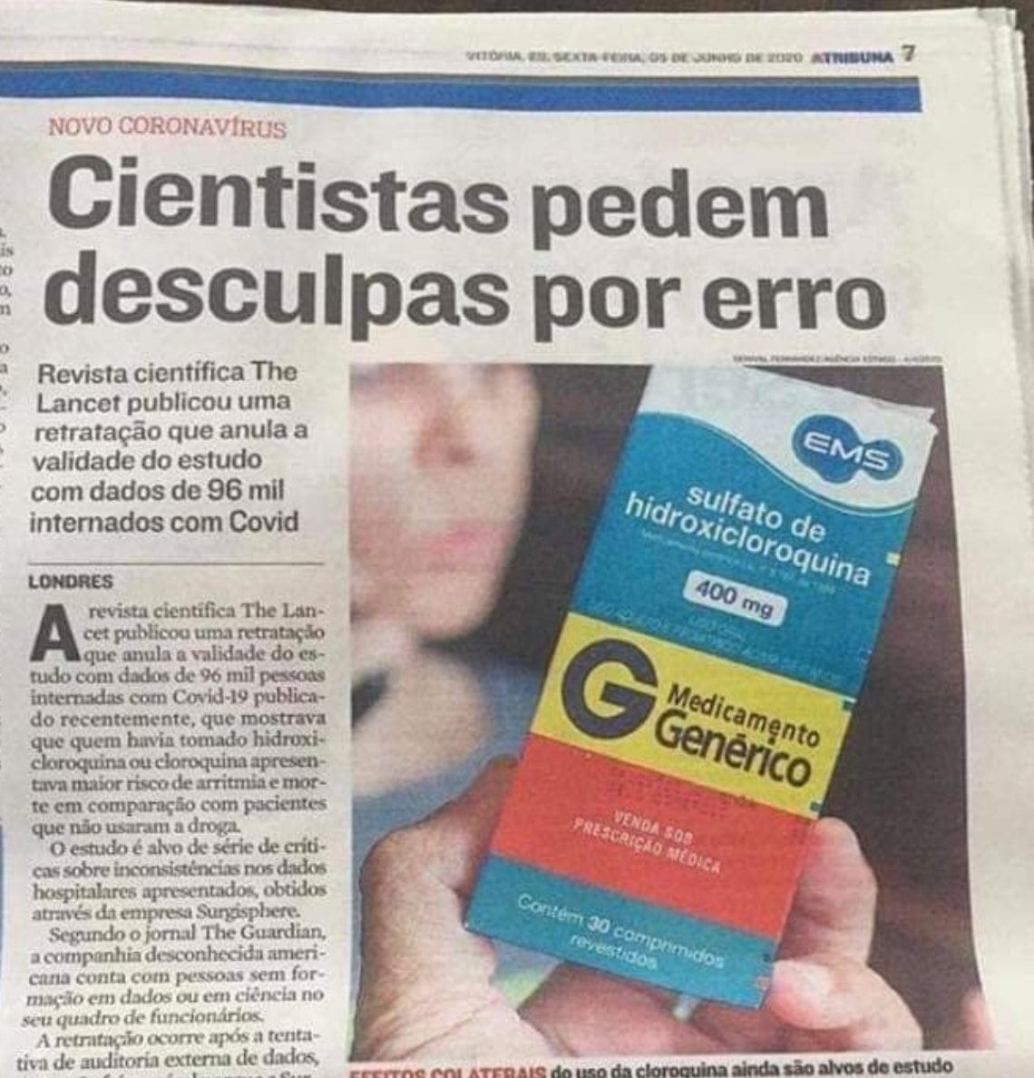 Cientistas pedem desculpa por erro em estudo sobre a hidroxicloroquina 6 de junho de 2020