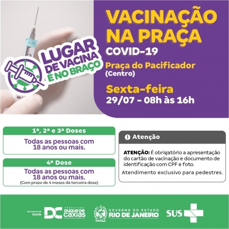 SEXTA-FEIRA (29) É DIA DE VACINAÇÃO COM TODAS AS DOSES PARA QUEM TEM 18 ANOS OU MAIS NA PRAÇA DO PACIFICADOR