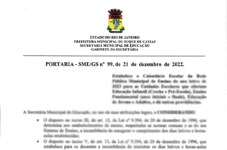 SECRETARIA DE EDUCAÇÃO DE DUQUE DE CAXIAS PUBLICA CALENDÁRIO ESCOLAR PARA O ANO LETIVO DE 2023